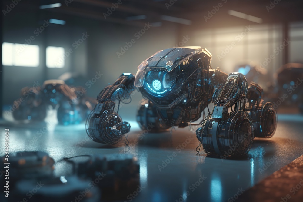 Poster a robot is moving on a table in a room with other robots junkyard animation robotics engineering