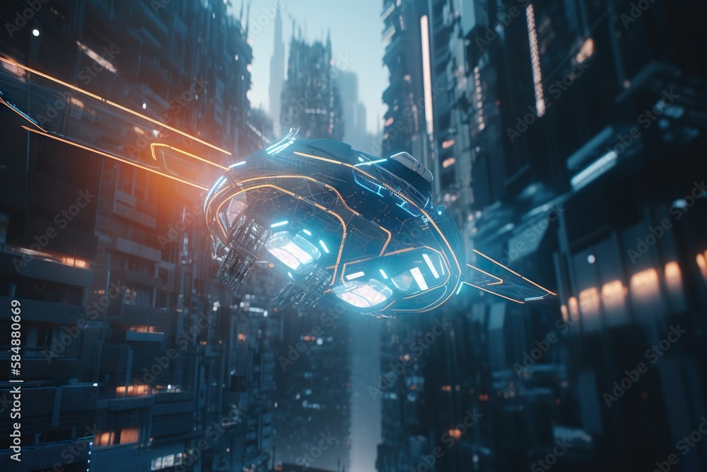 Poster a futuristic city with a futuristic flying object in the foreground modern city at dusk animation mo