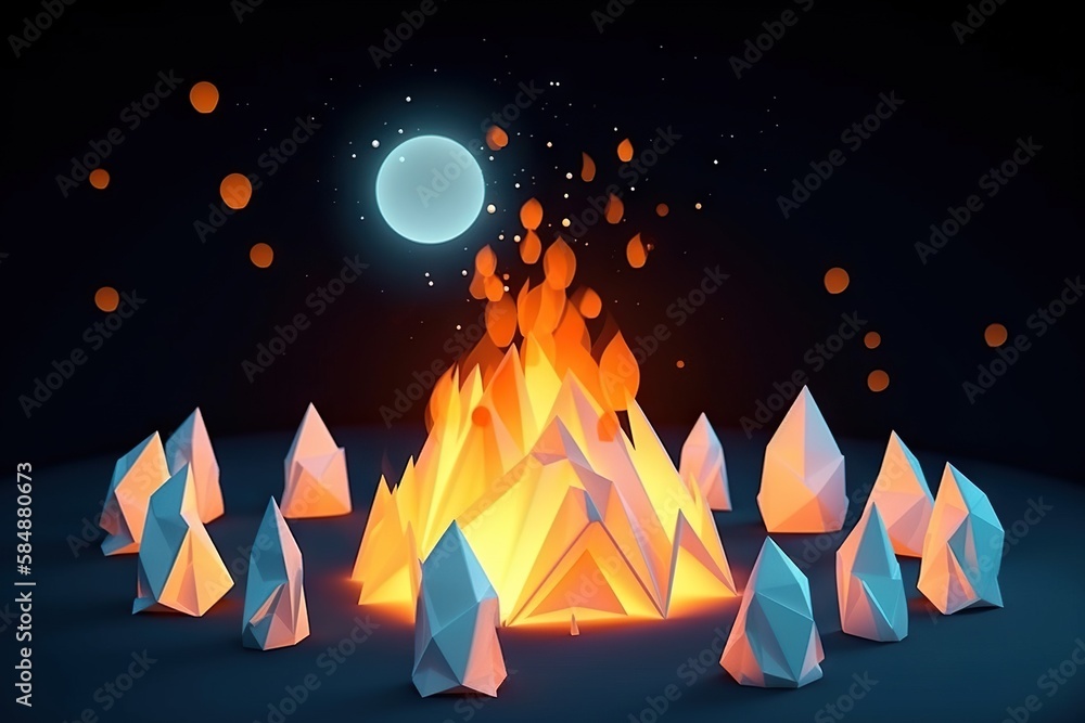 Poster a campfire with many small white triangles around it and a full moon in the background volcano paper