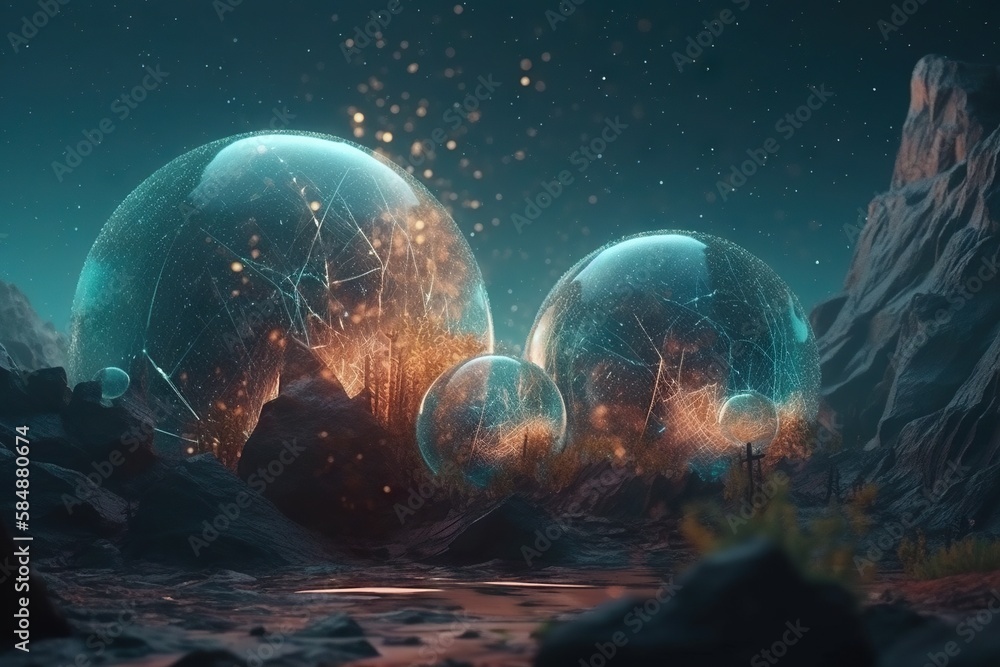 Poster a group of spheres floating in the air near rocks and mountains lunar landscape animation motion gra