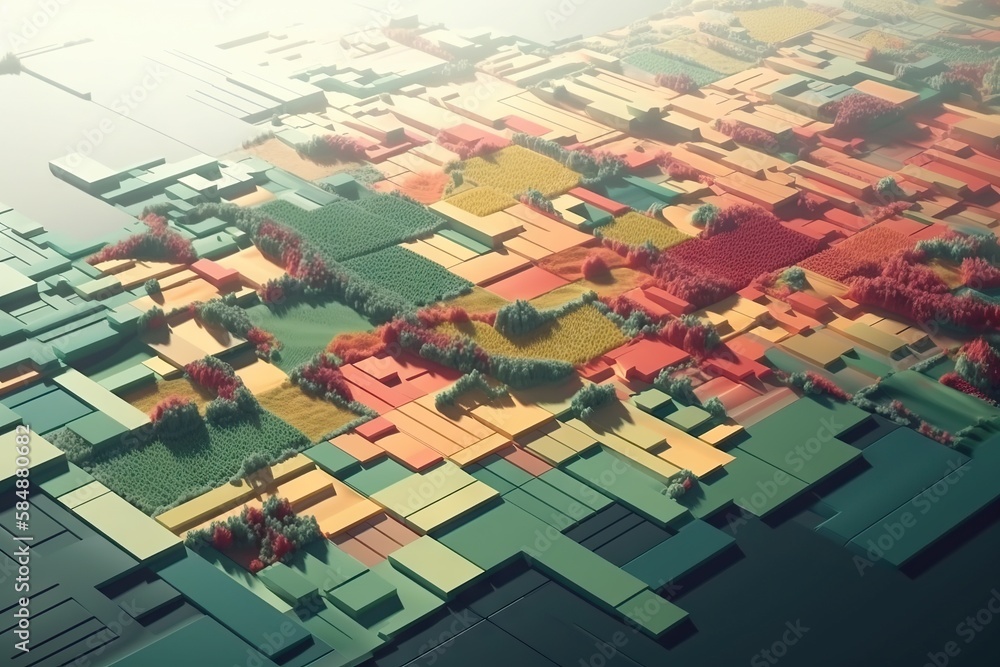 Poster a computer generated image of a city with trees and fields in the foreground forest color field pain