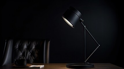 Fototapeta na wymiar A stylish, minimalist black desk lamp on a black background, creating a dramatic contrast with focused lighting on the lamp's details. The atmosphere is elegant and sophisticated. generative ai