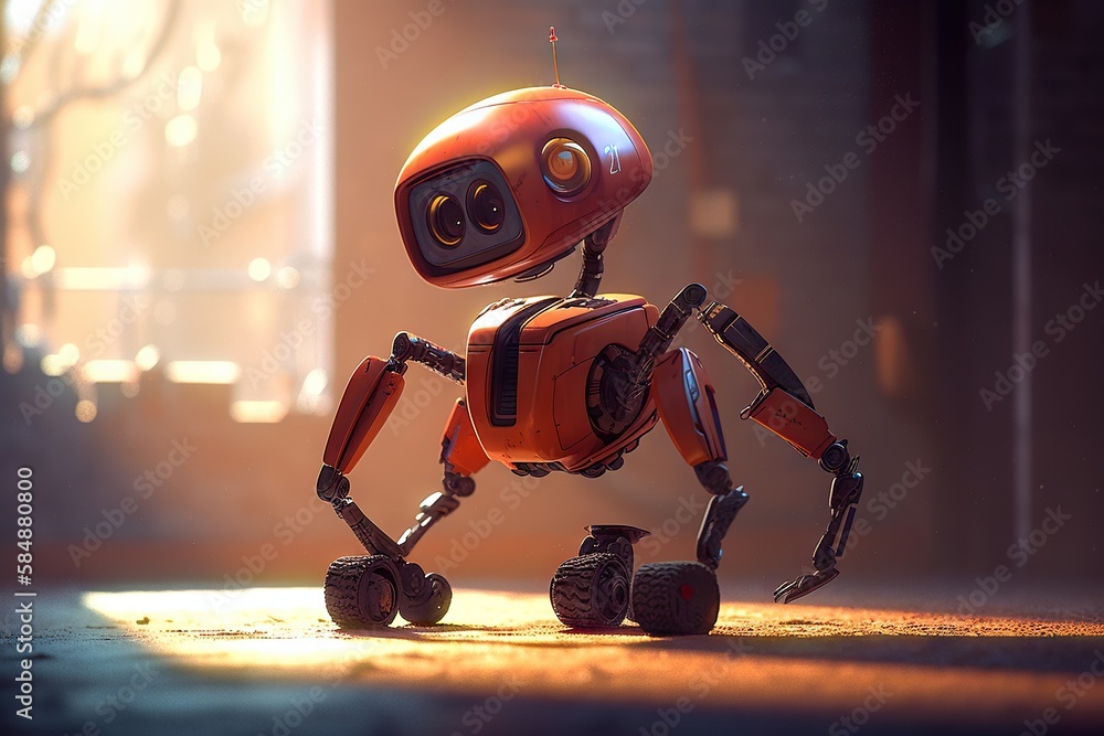 Poster a robot is walking on the ground in a room with a light junkyard animation robotics engineering gene
