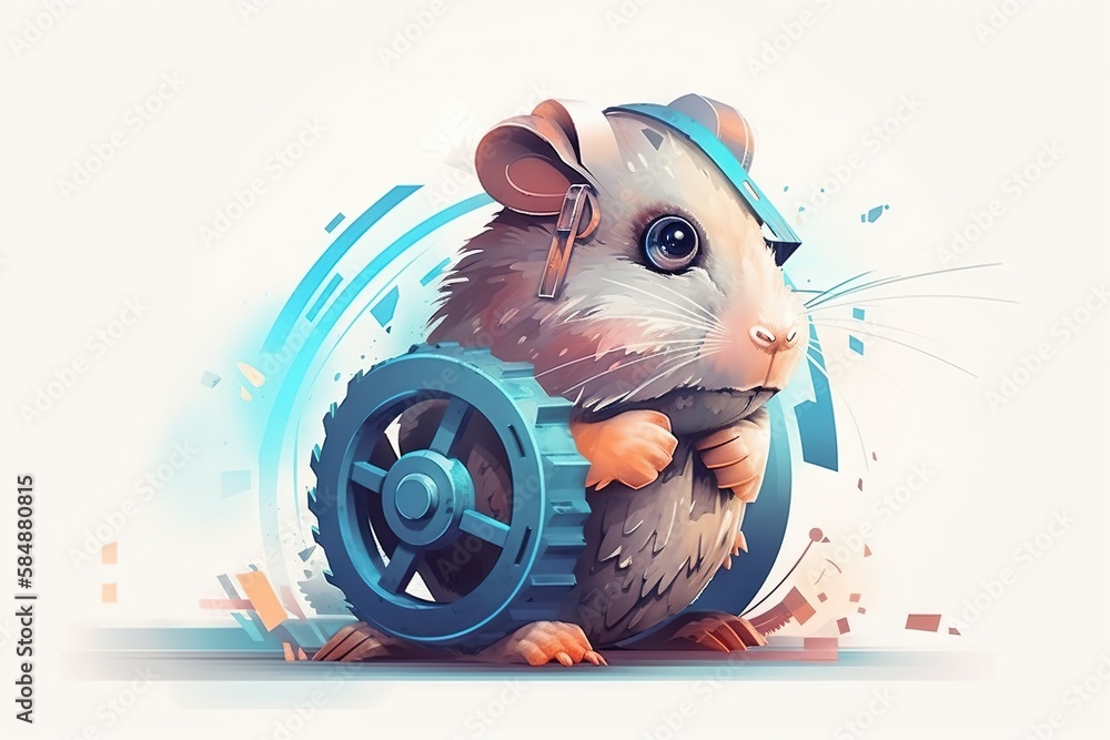 Poster a cartoon mouse with a blue wheel on its back and a blue background factory graphic design robotics 
