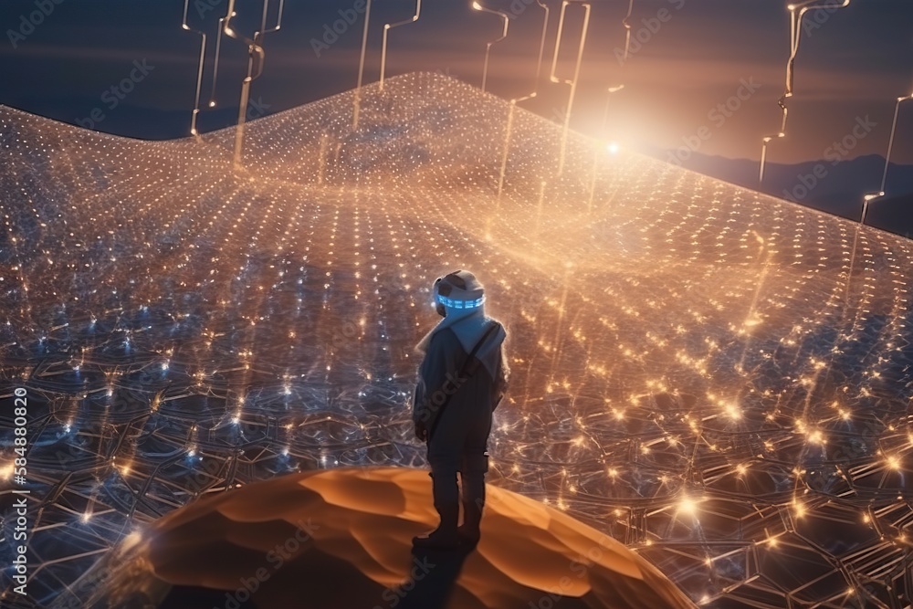 Poster a man standing on top of a desert covered in lights and lines lunar landscape animation data analyti