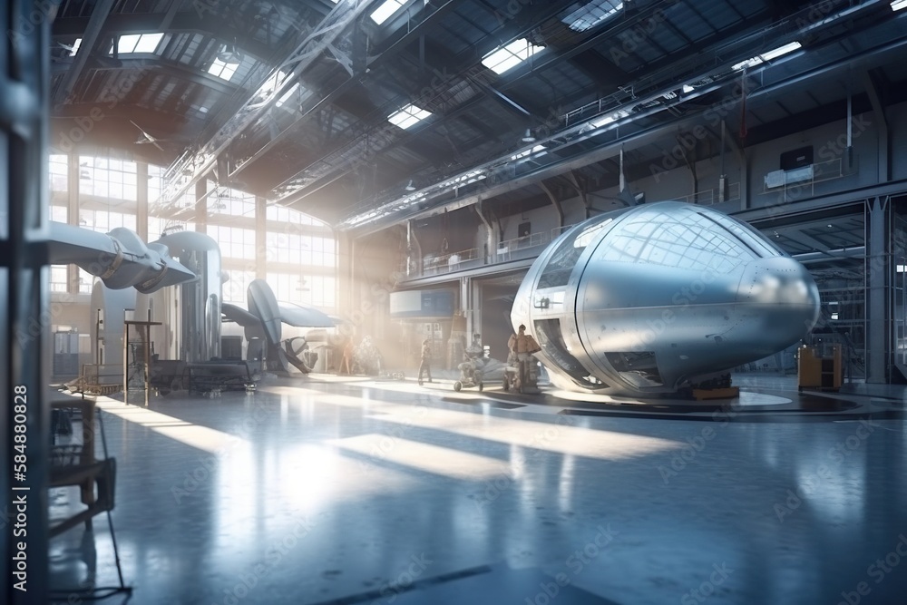 Poster a large metal object in a large building with windows and a sky background workshop animation manufa