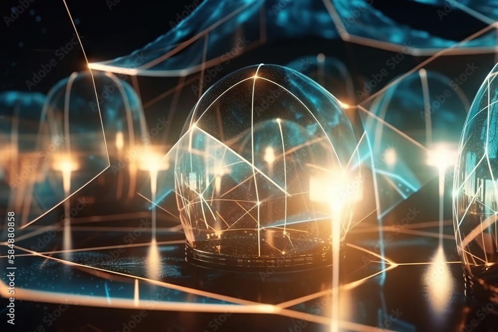 Poster a group of glass balls with lights in them on a table factory animation supply chain optimization ge