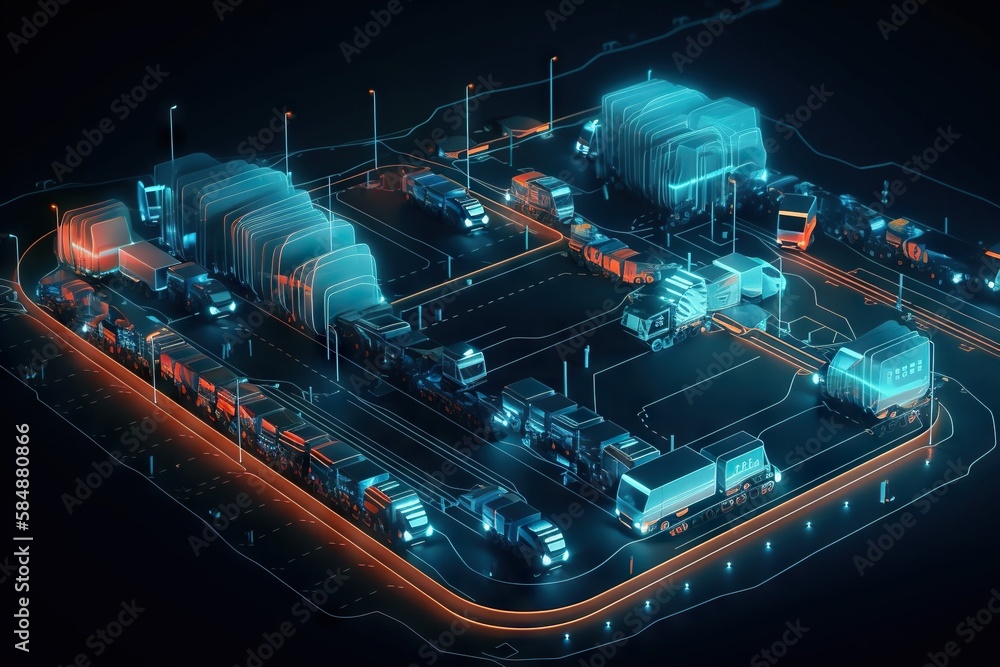 Poster a computer generated image of a factory with a lot of trucks industrial port video art e-commerce lo