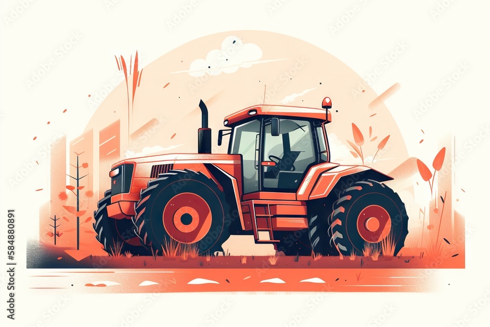 Poster a tractor is parked in a field with a sky background and clouds farm animation agriculture generativ