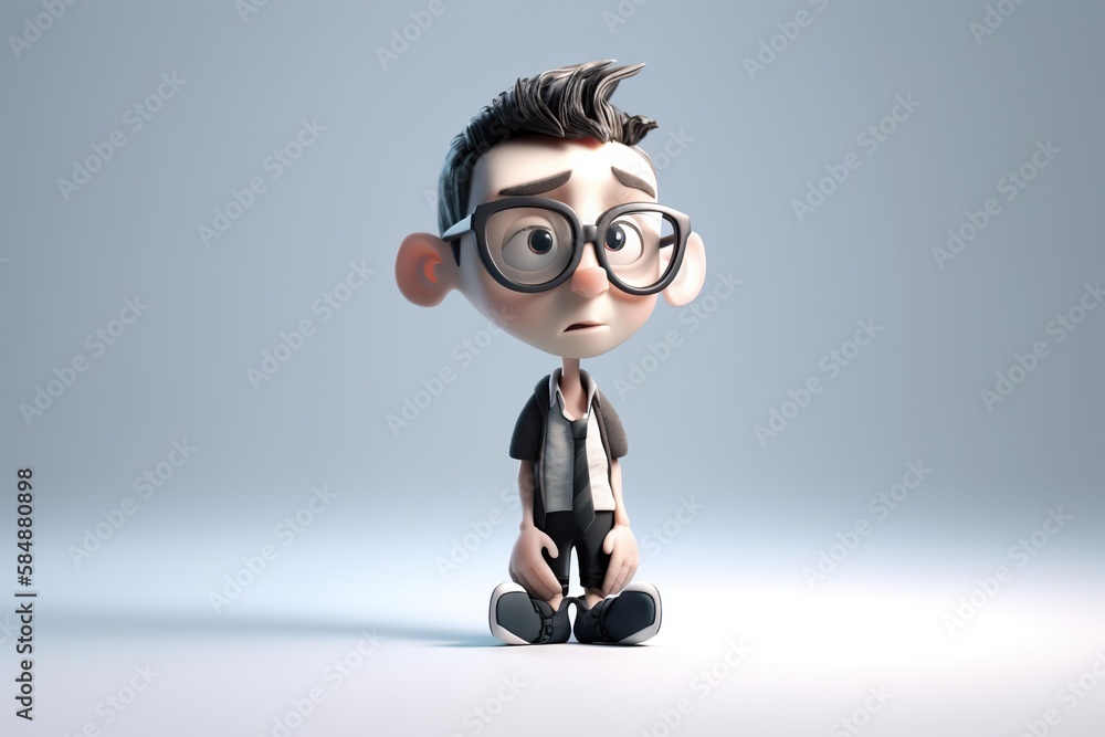 Poster a 3d character with glasses sitting on the ground with his hands in his pockets junkyard animation a