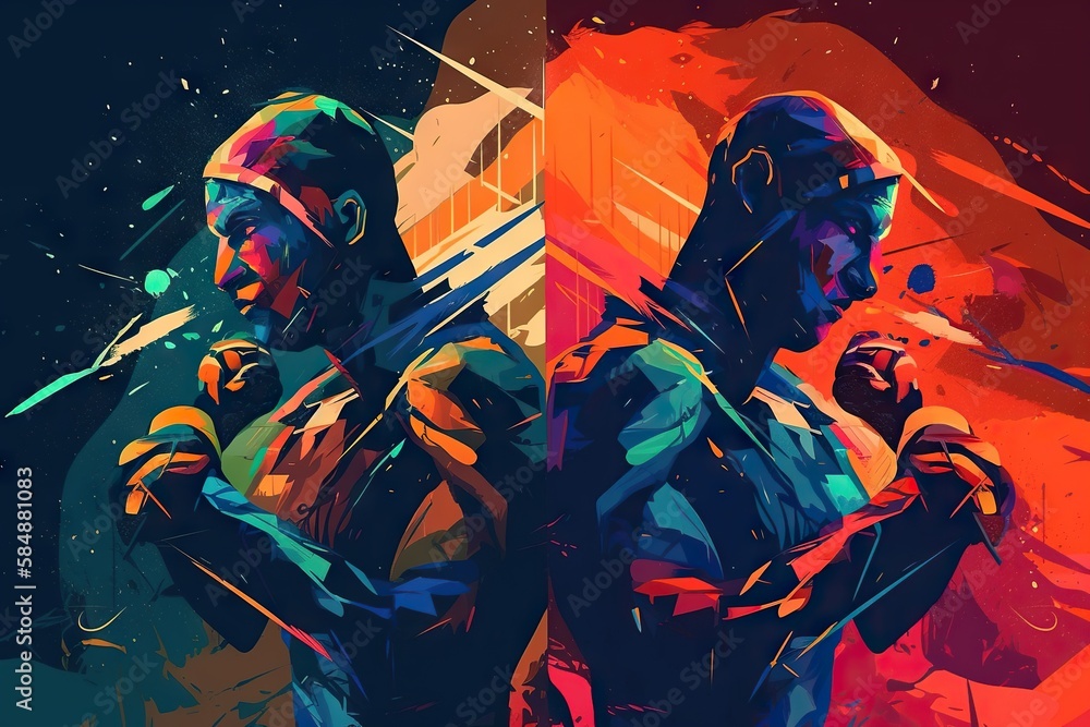 Poster two men are standing in front of a bright background with a red and blue background boxing gym fauvi