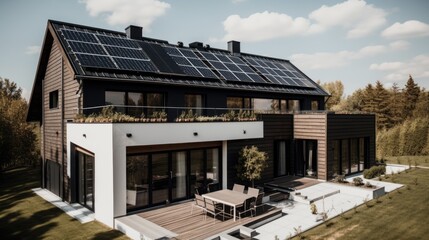 Solar panels on the roof of a beautiful modern home. generative ai