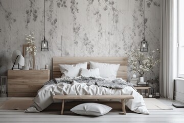 White and gray farmhouse bedroom mockup. Wallpaper and wood furniture. Boho decor,. Generative AI
