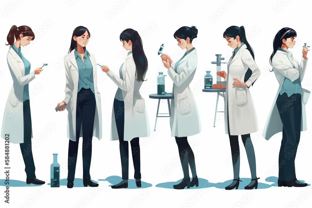 Poster a group of women in lab coats standing around a table with a microscope factory animation clinical r