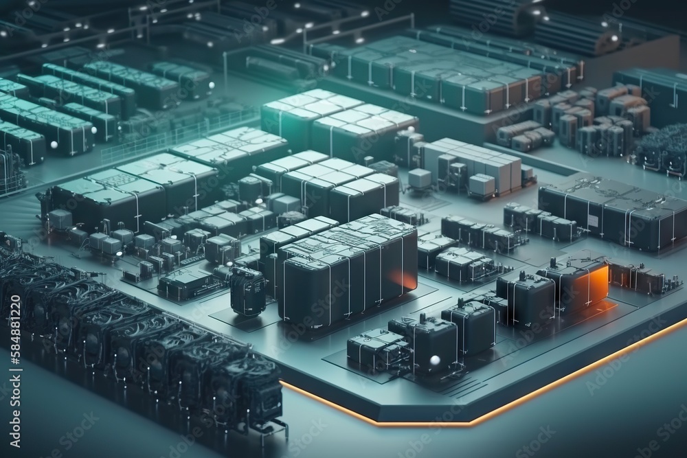 Poster A Large Group Of Servers Are Shown In This Image With A Bright Light Shining On Them Factory Animation Computer Graphics Generative AI 