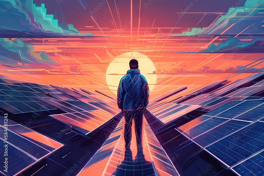 Poster a man standing on a bridge with a sunset in the background factory animation motion graphics