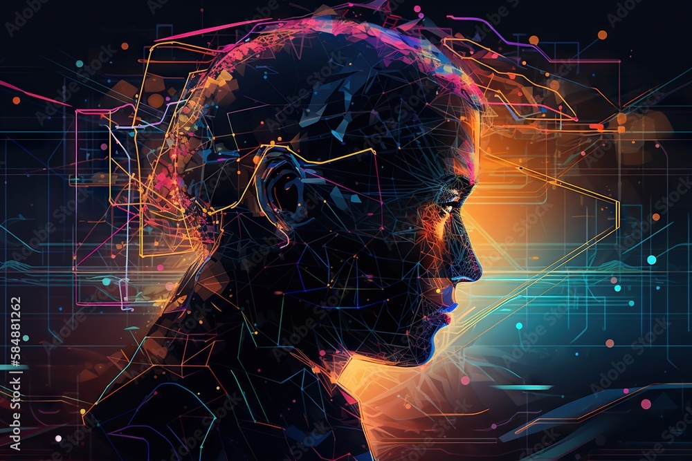 Poster a man's head with a digital pattern of lines and dots factory graphic design artificial intelligence