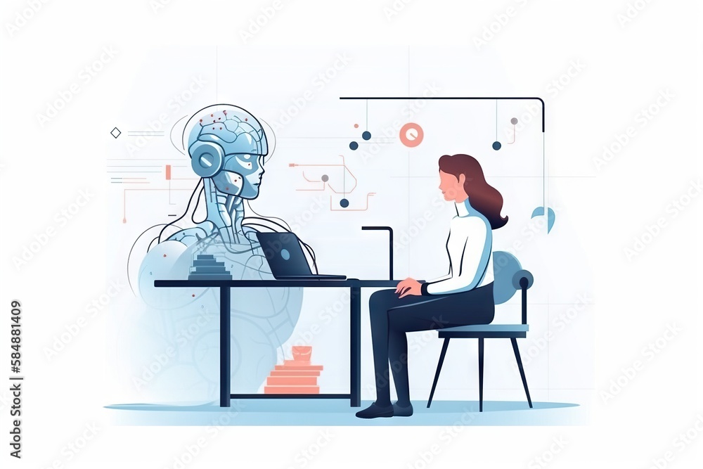 Poster A Woman Sitting At A Desk With A Laptop And A Robot Head Workshop Animation Natural Language Processing Generative AI 