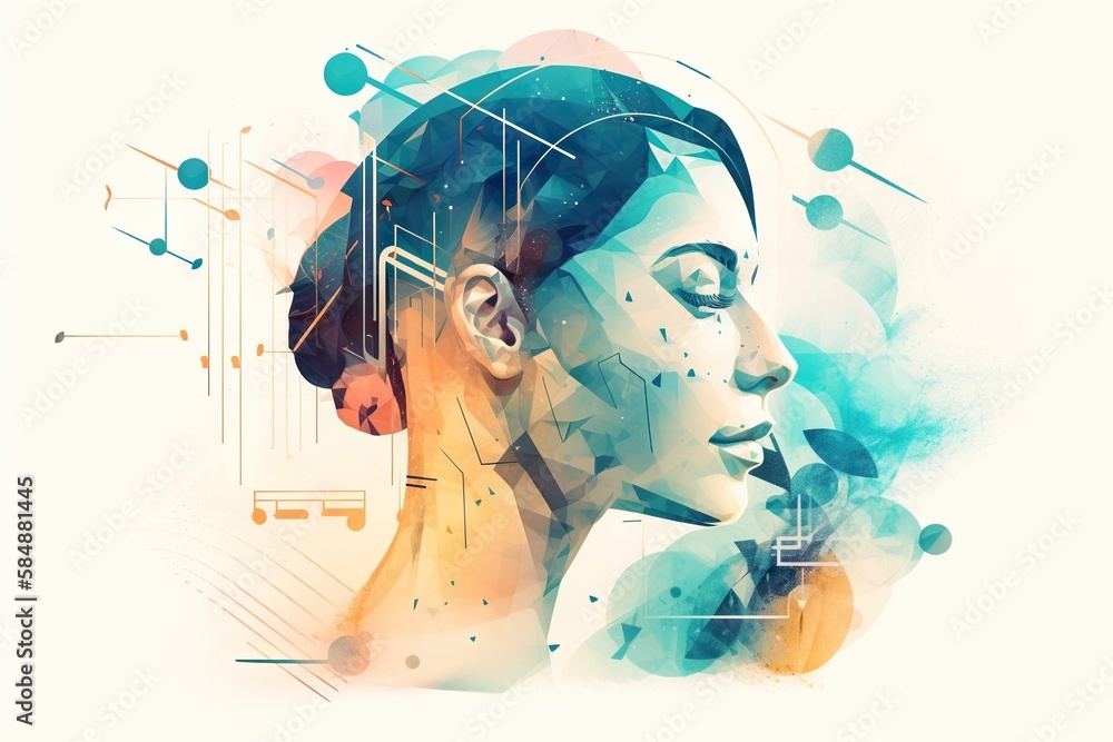 Poster a woman's face with a geometric pattern on it and a background of lines and dots aquarium graphic de