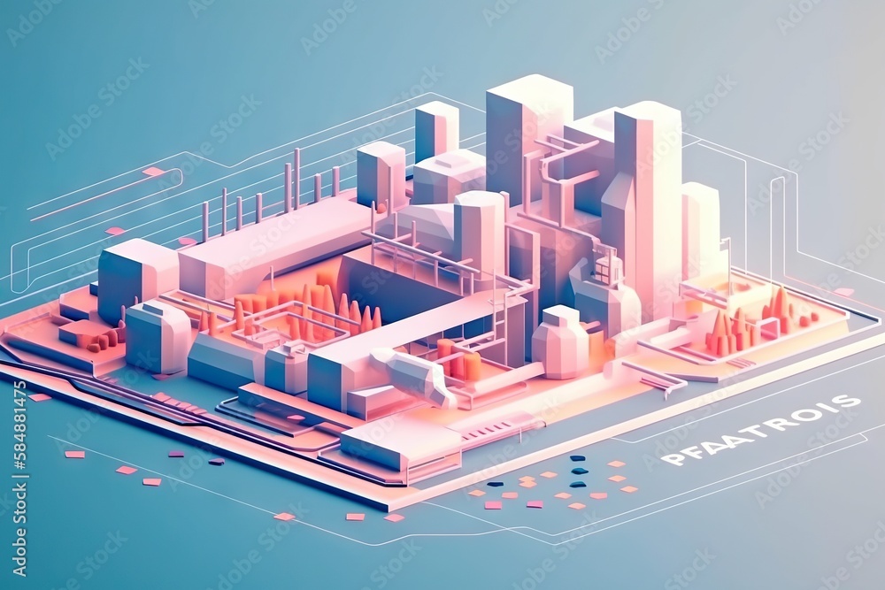 Poster a computer generated image of a city with buildings and buildings on it factory animation motion gra