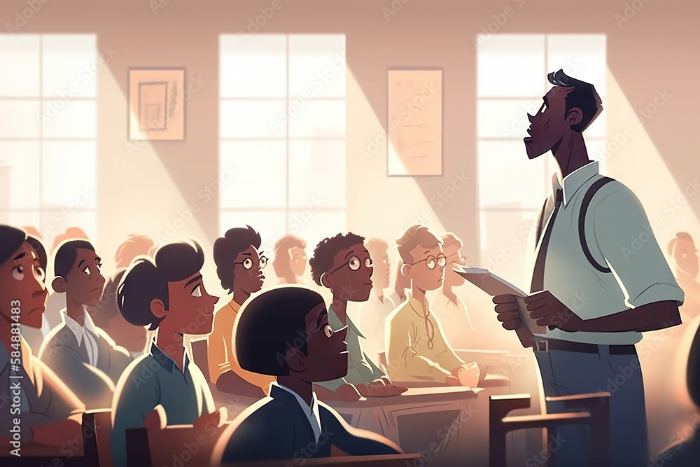 Poster a man standing in front of a classroom full of people in front of a man classroom animation animatio