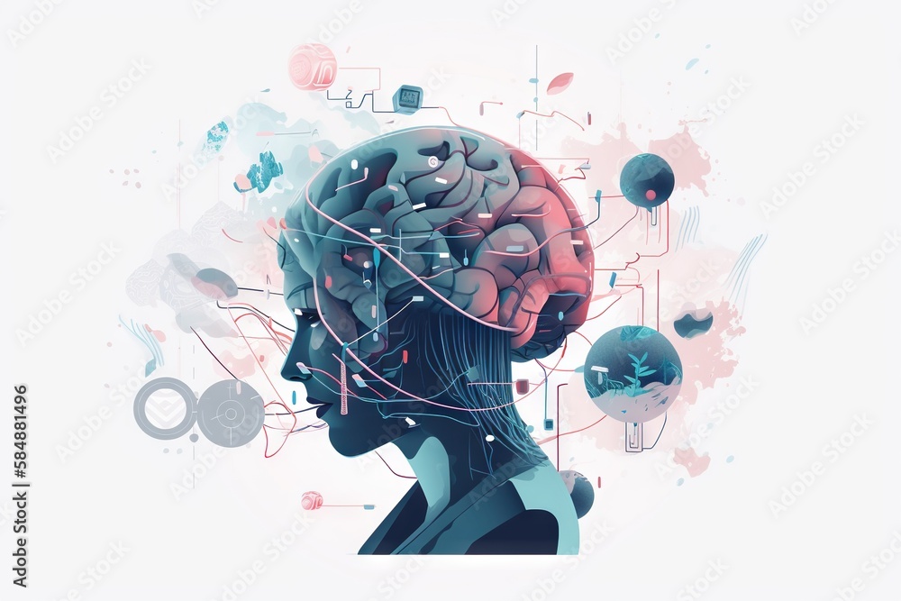 Poster a man's head with a brain surrounded by various objects science museum graphic design natural langua