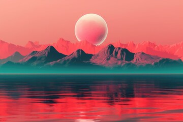 Gorgeous natural scenery pink ocean mountains and red moon, simple art landscape, mountain wall art, abstract boho nature wall, ideal art for living room or office. Generative AI