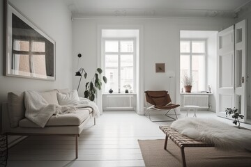 Danish minimalist white eco friendly interior. Modern furnishings. Room. Generative AI