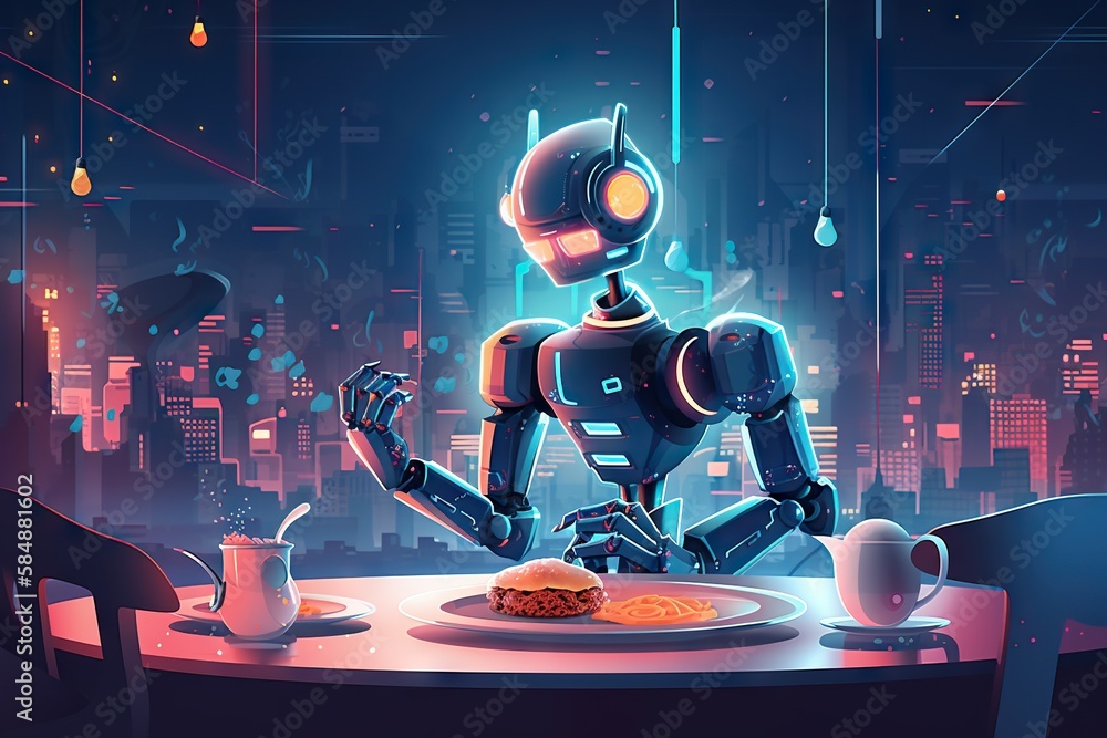 Poster a robot sitting at a table with a plate of food in front of him restaurant animation artificial inte