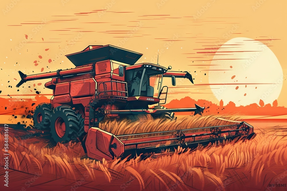 Poster a red combineer in a field of wheat at sunset with a bird flying overhead farm color field painting 