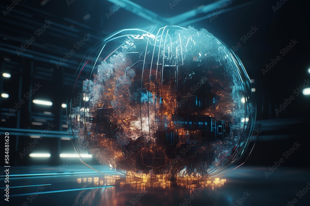 Poster A Futuristic Sphere With A Glowing Background And A Reflection Of A City Factory Animation Motion Graphics