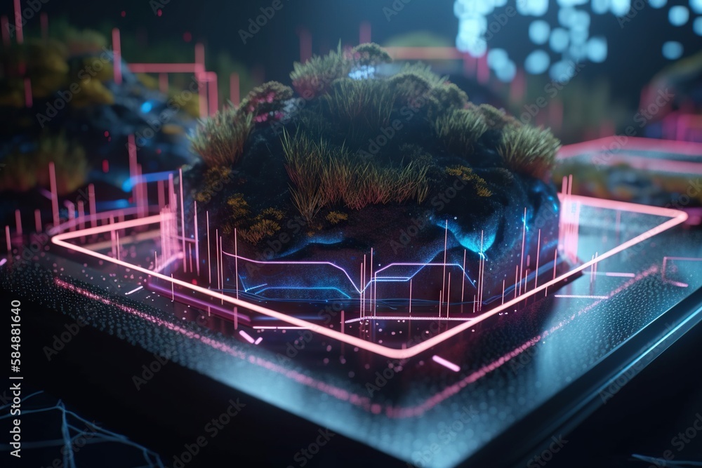 Poster a computer screen with a futuristic surface and a plant on top lunar landscape environmental art mot