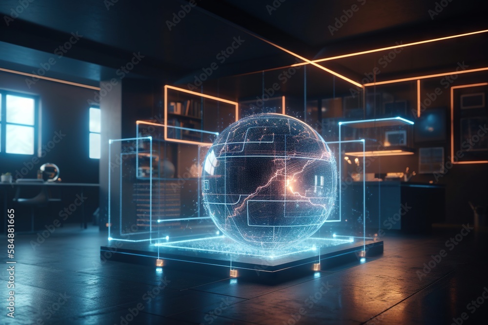Poster a glass sphere with a glowing light inside of it in a room factory animation motion graphics