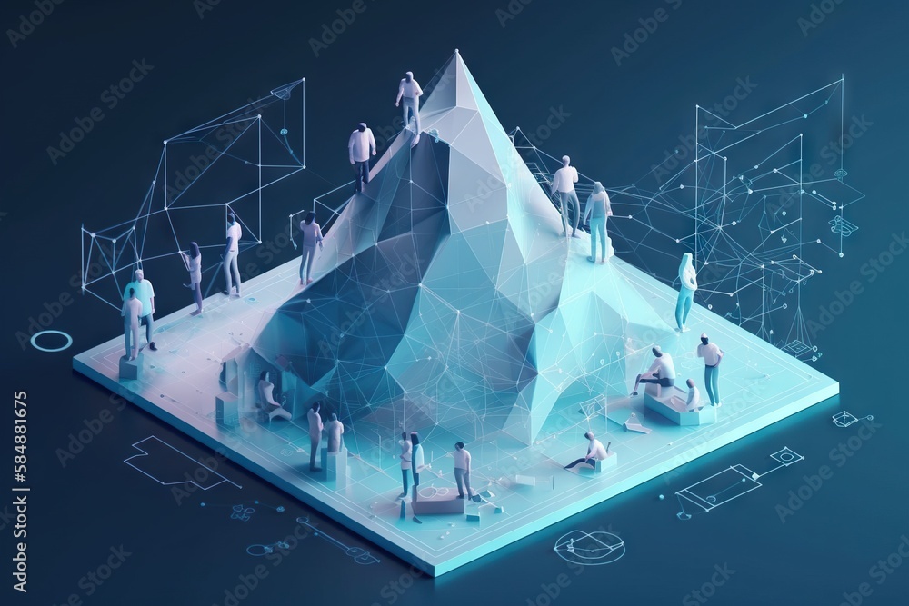 Poster a group of people standing on top of a mountain with a blue background workshop graphic design suppl