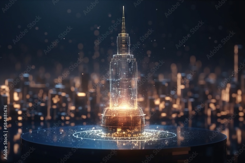 Poster a futuristic city with a skyscraper in the middle of it and a bright light shining on the power plan