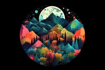 Gorgeous natural scenery mountains, colorful trees, and colorful moon, minimal art landscape, mountain wall art, abstract boho nature wall, excellent art for living room or office. Generative AI