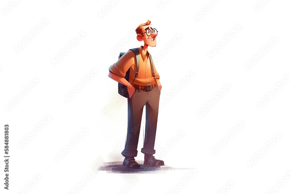Poster a man with a backpack and glasses standing in front of a white background canyon animation animation