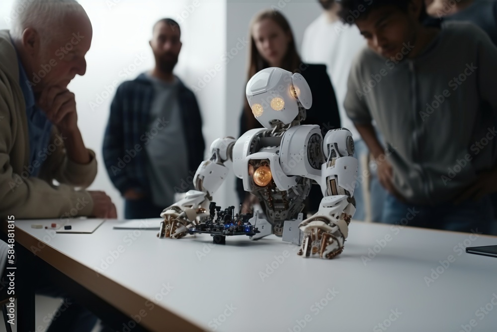 Poster a group of people standing around a table with a robot toy workshop animation robotics engineering g
