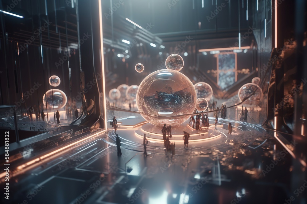 Poster a futuristic scene with a group of people standing in front of a large crystal ball factory animatio