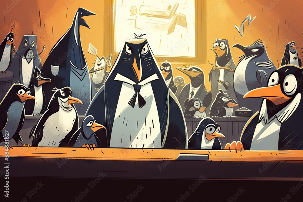 Poster a group of penguins standing around a table with a clock in the background law office animation liti