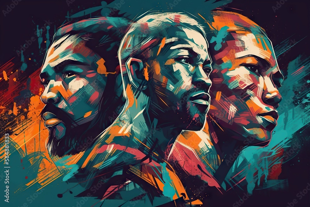 Poster three men with different colored paint strokes on them one of them is looking at the other boxing gy