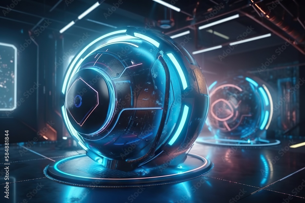 Poster a futuristic sci - fi fidgetr with neon lights and a circular object conference room animation motio