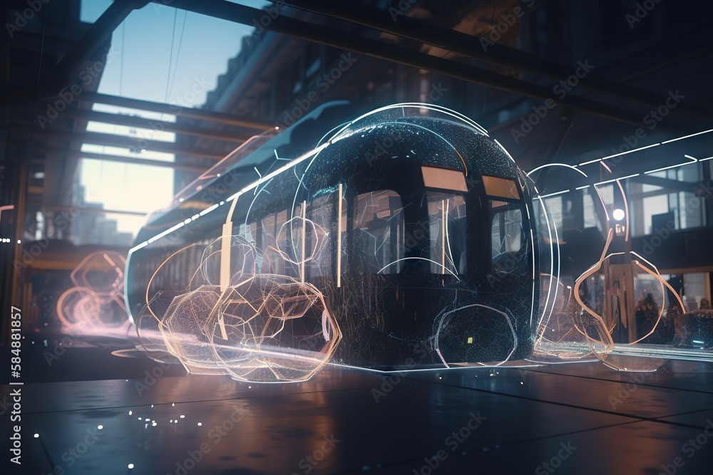 Poster a train is moving through a building with lights on it's side subway station animation motion graphi