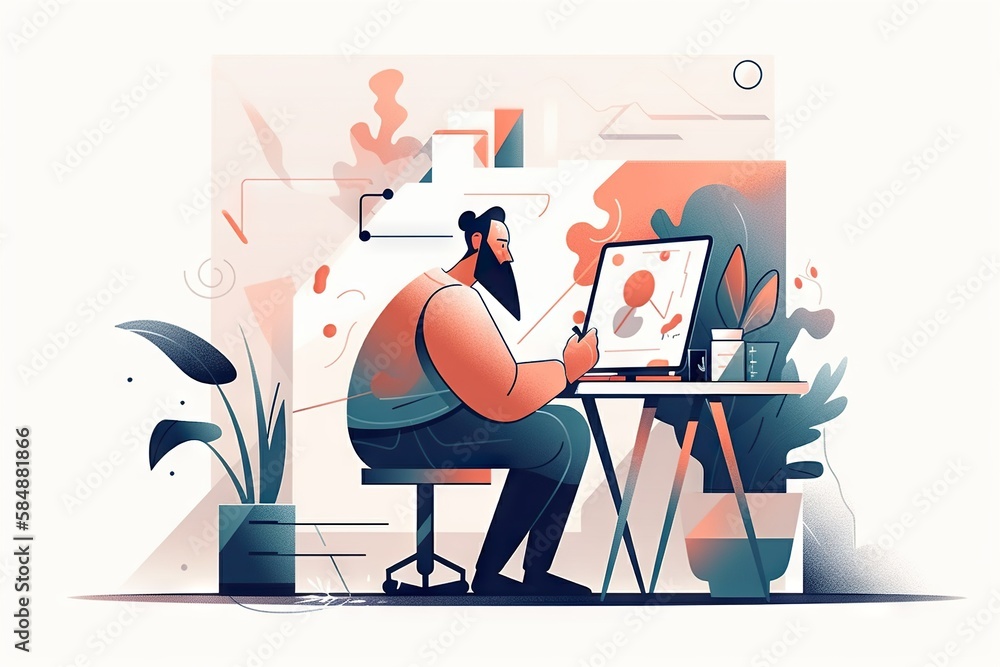 Poster a man sitting at a desk with a computer on it's desk workshop graphic design instructional design ge