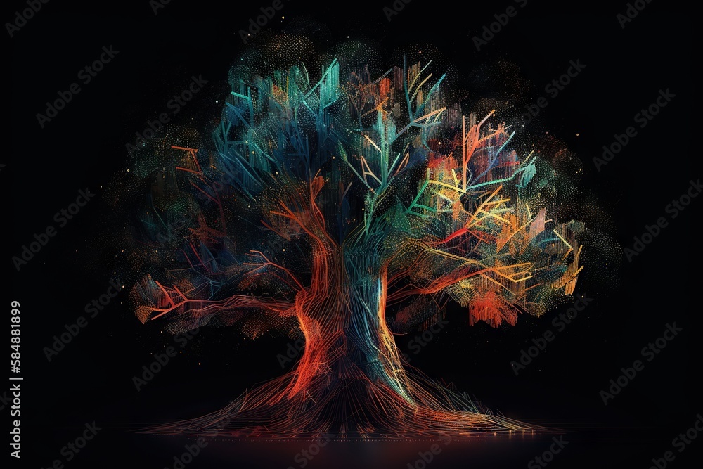 Poster a colorful tree with a black background and a black background with a red blue and green tree orchar