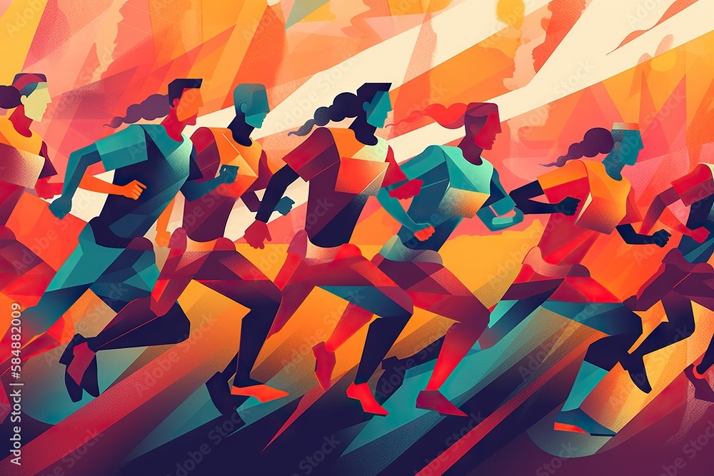 Poster a group of people running on a colorful background with a bright background stadium typography motio