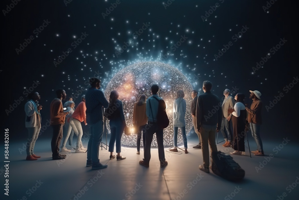 Poster a group of people standing around a room with a large mirror science museum video art motion graphic