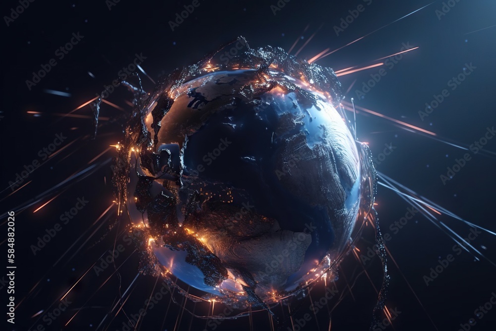 Poster a globe with a lot of lights around it in the dark deep sea trench environmental art motion graphics