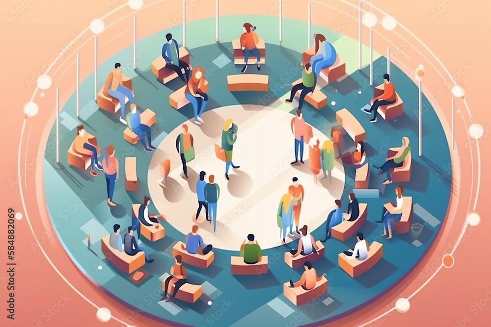 Poster a group of people sitting around a round table with chairs and a microphone conference room animatio