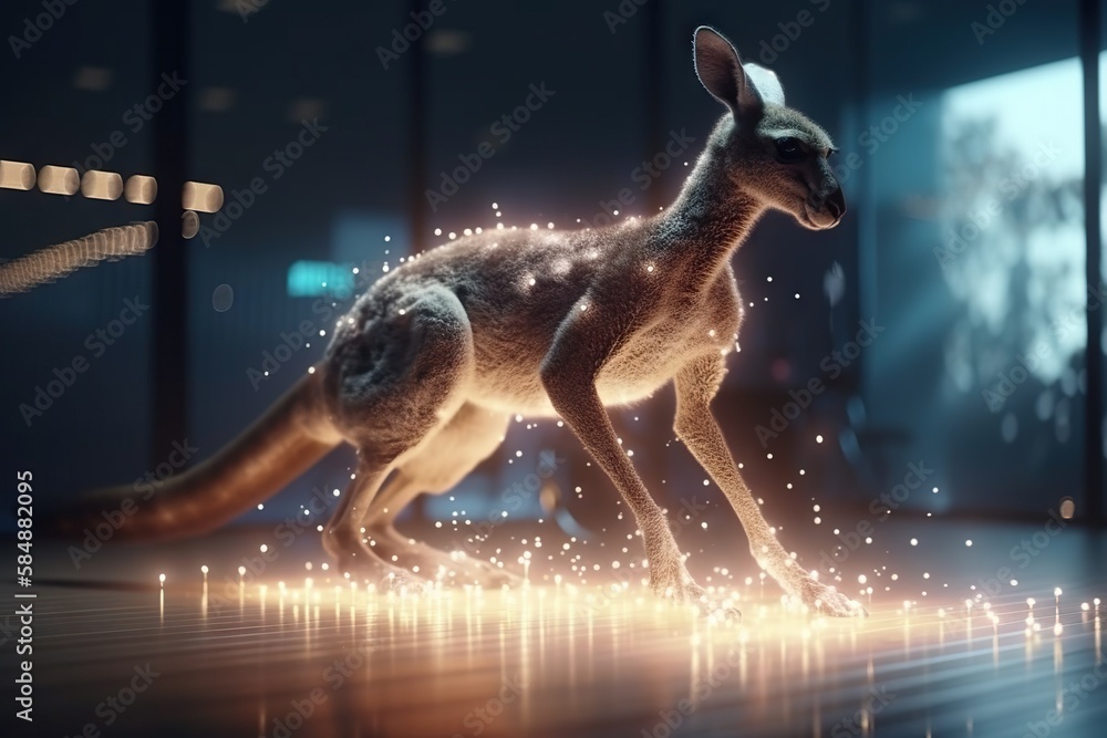 Poster a kangaroo is walking through a room with lights on it's walls zoo animation motion graphics generat